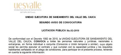 Segundo aviso de convocatoria licitación pública No.02-2019