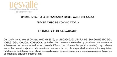 Tercer aviso de convocatoria licitación pública No.02-2019